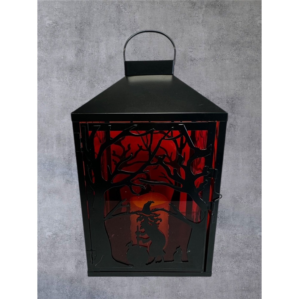 Illumination Halloween Witch Lantern LED Flameless Candle Black Red 13in Spooky
